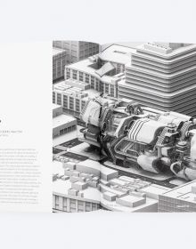 Book cover of Ali Rahim's Future Offices, with a large industrial building lit up at night. Published by ORO Editions.