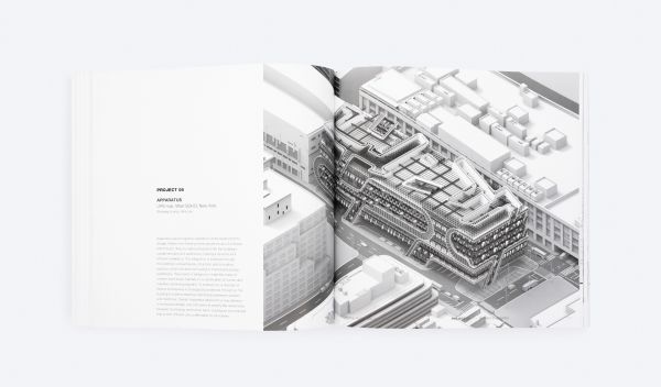 Book cover of Ali Rahim's Future Offices, with a large industrial building lit up at night. Published by ORO Editions.