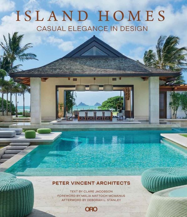 Book cover of Island Homes: Casual Elegance in Design, with an al fresco area and swimming pool, with palm trees. Published by ORO Editions.