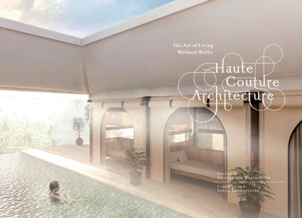 Book cover of Haute Couture Architecture, with an infinity pool with swimmer. Published by ORO Editions.