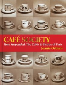 Montage of sixteen coffee cups and saucers, 'CAFÉ SOCIETY', in gold font to centre pink banner, by ORO Editions.