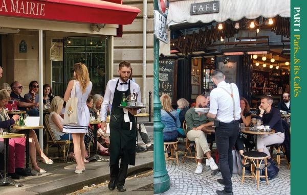 Book cover of Café Society: Time Suspended, the Cafés & Bistros of Paris, with sixteen coffee cups and saucers. Published by ORO Editions.