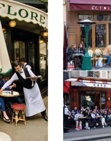 Montage of sixteen coffee cups and saucers, 'CAFÉ SOCIETY', in gold font to centre pink banner, by ORO Editions.