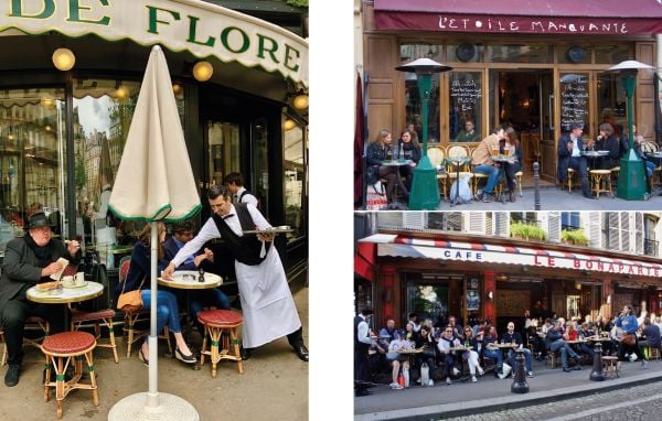 Book cover of Café Society: Time Suspended, the Cafés & Bistros of Paris, with sixteen coffee cups and saucers. Published by ORO Editions.