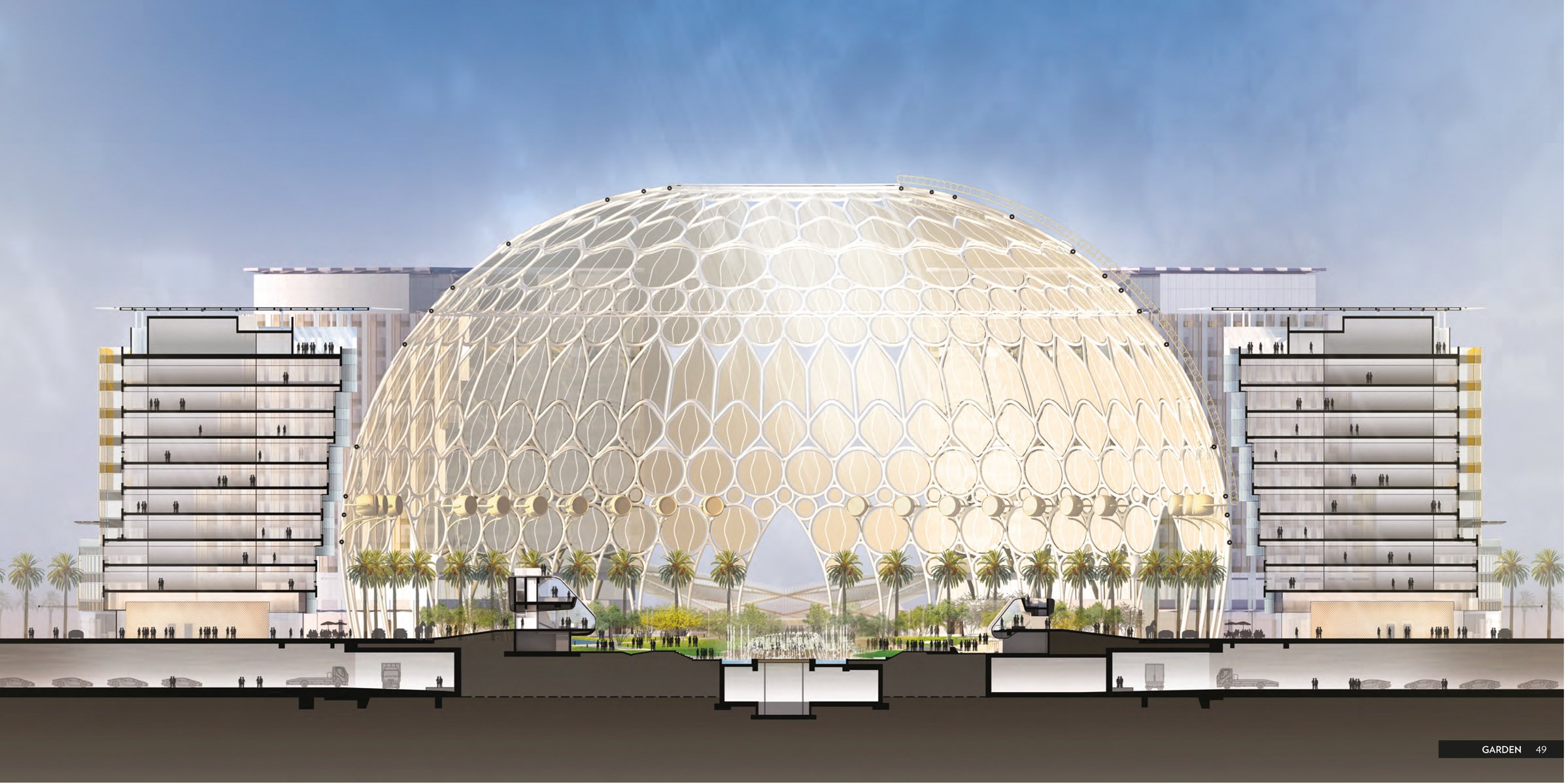 Gold cover with white geometrical spiral latticed pattern, Al Wasl Plaza Dubai Expo 2020 in white font to centre.