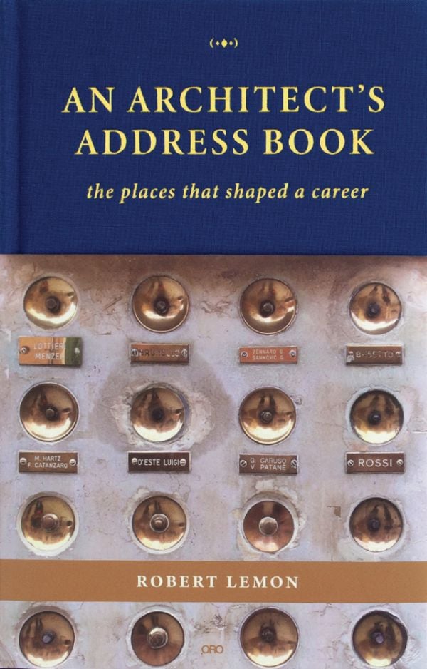 Book cover of An Architect's Address Book, featuring a wall of sixteen doorbells with name plates below. Published by ORO Editions.
