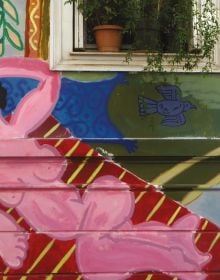 Book cover of Athens Unveiled, with a pot of red flowers sitting on balustrade, with Greek female stone head sculpture, and mural. Published by ORO Editions.
