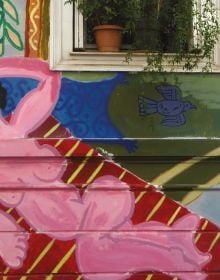 Pot of red flowers sitting on balustrade, Greek female stone head sculpture, mural, on blue cover, 'ATHENS UNVEILED', in white font above.