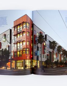 Book cover of Practice with Purpose: A Guide to Mission-Driven Design, with interior of building with wheel-chair friendly access. Published by ORO Editions.