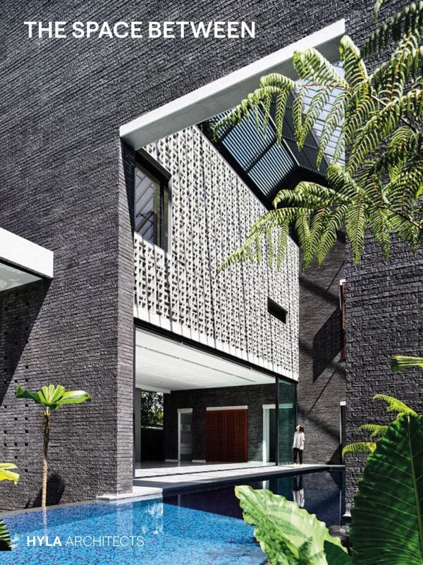 Book cover of The Space Between, with a roofless inner courtyard with swimming pool surrounded by tropical palms. Published by ORO Editions.