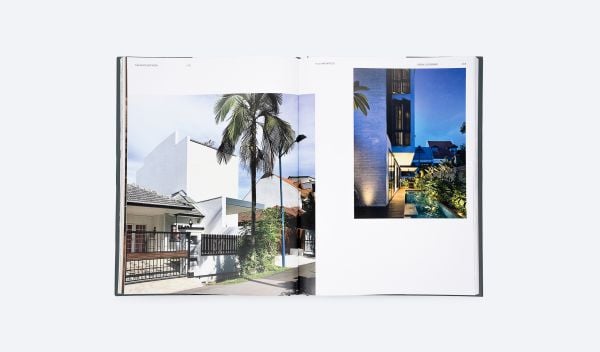 Book cover of The Space Between, with a roofless inner courtyard with swimming pool surrounded by tropical palms. Published by ORO Editions.