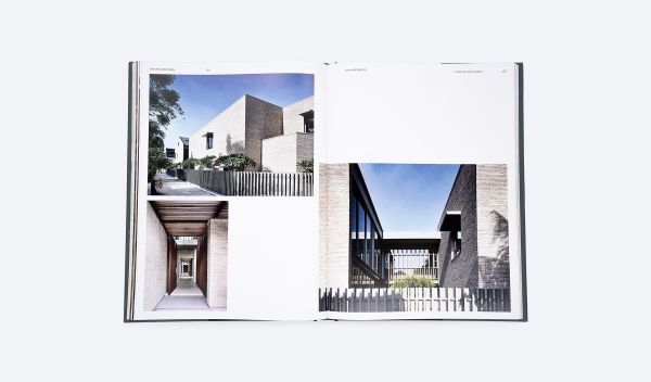 Book cover of The Space Between, with a roofless inner courtyard with swimming pool surrounded by tropical palms. Published by ORO Editions.