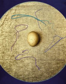 Aerial image of dark blue egg on blue circle, PHOTOSCAPES AND THE EGG, in beige font to top and bottom of blue cover.