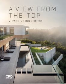 Modern, flat-roofed building with infinity pool and lounge chairs overlooking a green landscape. Published by ORO Editions.