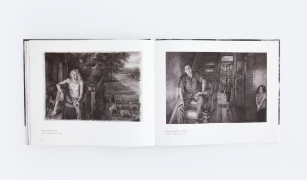 Book cover of Edgar Jerins, Life in Charcoa, with a charcoal drawing titled 'Faculty', with three figures on bench, one male standing near river bank. Published ORO Editions.