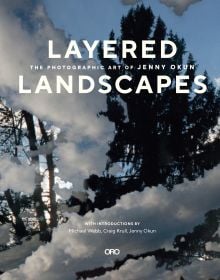 Book cover of Layered Landscape, with white fluffy clouds snaking around dark conifer trees, with below blue sky. Published by ORO Editions.