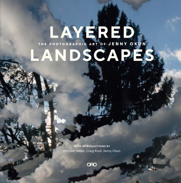 Book cover of Layered Landscape, with white fluffy clouds snaking around dark conifer trees, with below blue sky. Published by ORO Editions.