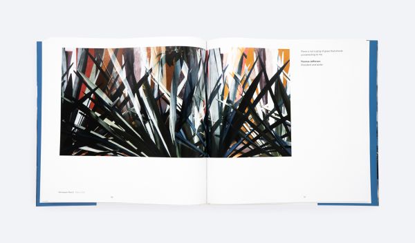 Book cover of Layered Landscape, with white fluffy clouds snaking around dark conifer trees, with below blue sky. Published by ORO Editions.