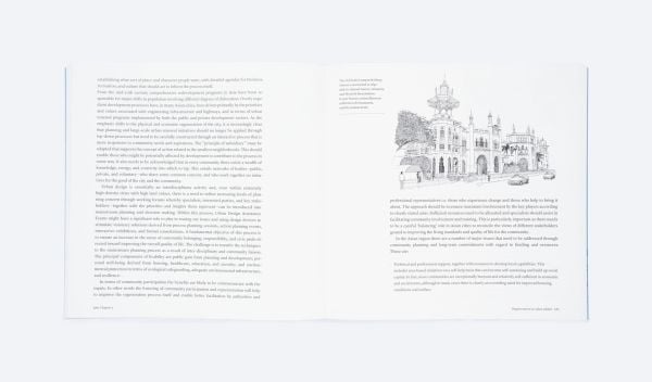 City with tall building structures and groups of people below, on blue cover of 'Writings on the Asian City, Framing an Inclusive Approach to Urban Design', by ORO Editions.