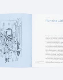 City with tall building structures and groups of people below, on blue cover of 'Writings on the Asian City, Framing an Inclusive Approach to Urban Design', by ORO Editions.