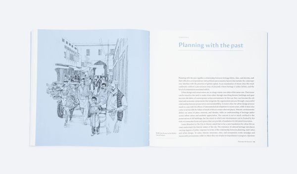 City with tall building structures and groups of people below, on blue cover of 'Writings on the Asian City, Framing an Inclusive Approach to Urban Design', by ORO Editions.