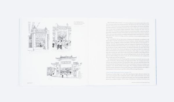 City with tall building structures and groups of people below, on blue cover of 'Writings on the Asian City, Framing an Inclusive Approach to Urban Design', by ORO Editions.