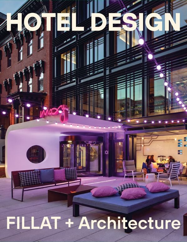 Book cover of Hotel Design, featuring a modern hotel 'Moxy', in Washington. Published by ORO Editions.