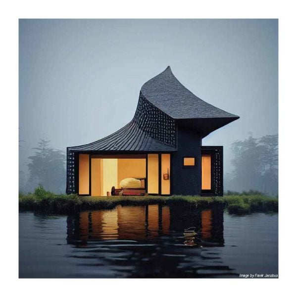 AI generated multi-story building complex made with roots of tree, on cover of 'Artificial Intelligent Architecture, New Paradigms in Architectural Practice and Production', by ORO Editions.