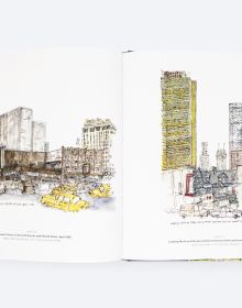 Watercolour painting of cityscape with skyscrapers, road with traffic lights and cars, on cover of 'Site Lines, Lost New York, 1954–2022', by ORO Editions.
