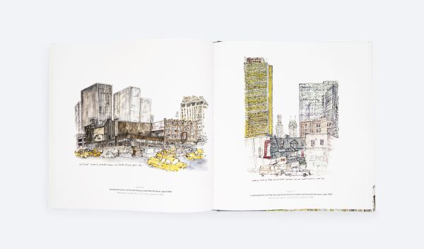 Watercolour painting of cityscape with skyscrapers, road with traffic lights and cars, on cover of 'Site Lines, Lost New York, 1954–2022', by ORO Editions.