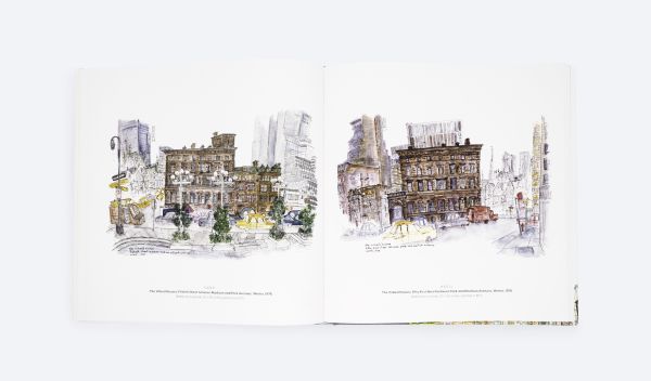 Watercolour painting of cityscape with skyscrapers, road with traffic lights and cars, on cover of 'Site Lines, Lost New York, 1954–2022', by ORO Editions.