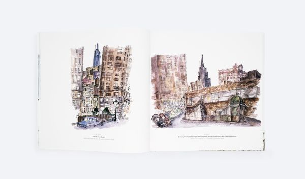 Watercolour painting of cityscape with skyscrapers, road with traffic lights and cars, on cover of 'Site Lines, Lost New York, 1954–2022', by ORO Editions.