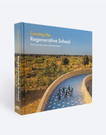 Book cover of Creating the Regenerative School, with with mosaic path of the Rajkumari Ratnavati Girls School, India. Published by ORO Editions.