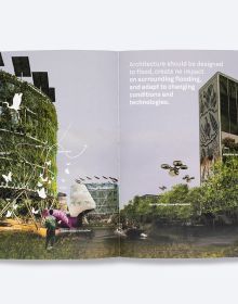Book cover of Jeffrey Huber's Salty Urbanism: a design manual to address sea level rise and climate change for urban areas in the coastal zones, with person holding umbrella, wading through water in a city. Published by ORO Editions.