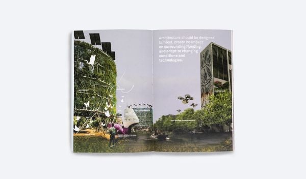 Book cover of Jeffrey Huber's Salty Urbanism: a design manual to address sea level rise and climate change for urban areas in the coastal zones, with person holding umbrella, wading through water in a city. Published by ORO Editions.