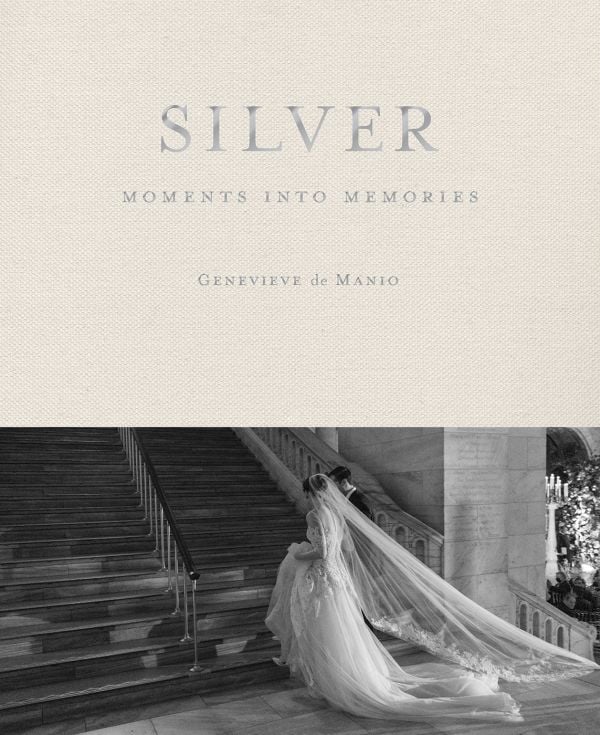 Book cover of Silver: Moments into Memories, with a couple in wedding attire walking up the steps of a grand hall. Published by ORO Editions.