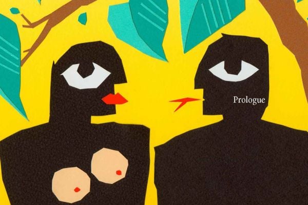 Silhouette of figure in hat behind yellow sheet with small holes.