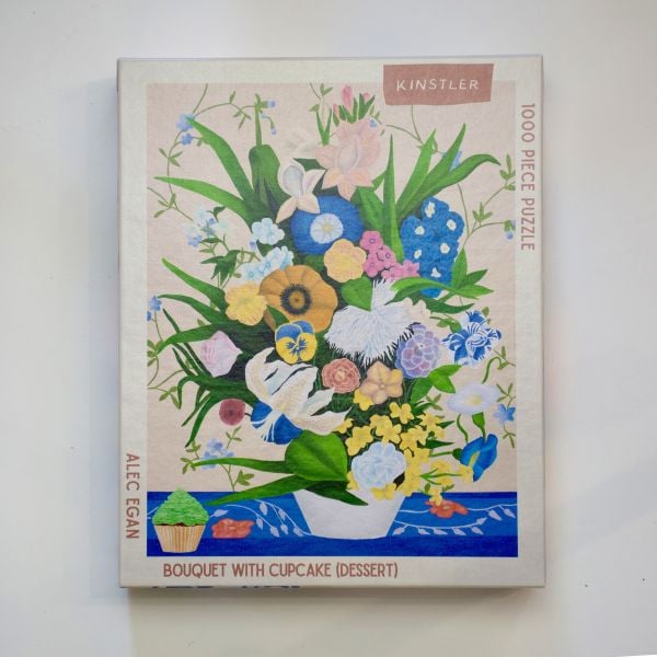 Puzzle box of Bouquet with Cupcake (dessert): 1000 piece puzzle. Published by Kinstler.