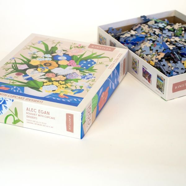 Puzzle box of Bouquet with Cupcake (dessert): 1000 piece puzzle. Published by Kinstler.