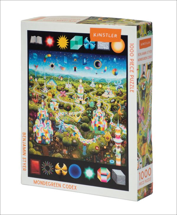Puzzle box of Mondegreen Codex: 1000 piece puzzle; featuring a psychedelic artwork. By Kinstler.