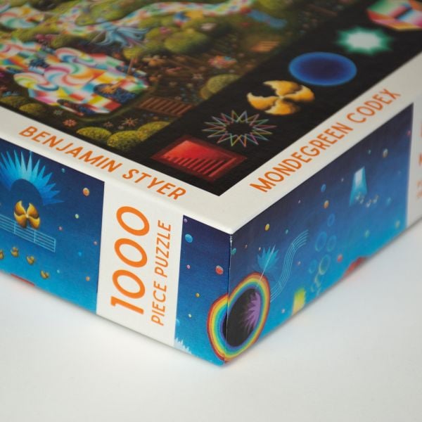 Puzzle box of Mondegreen Codex: 1000 piece puzzle; featuring a psychedelic artwork. By Kinstler.