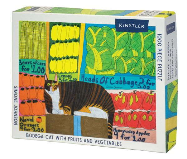 Puzzle box of Bodega Cat with Fruits and Vegetables: 1000 piece puzzle. Published by Kinstler.