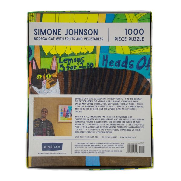 Puzzle box of Bodega Cat with Fruits and Vegetables: 1000 piece puzzle. Published by Kinstler.