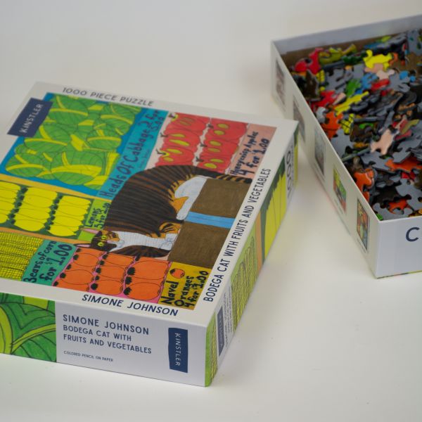 Puzzle box of Bodega Cat with Fruits and Vegetables: 1000 piece puzzle. Published by Kinstler.