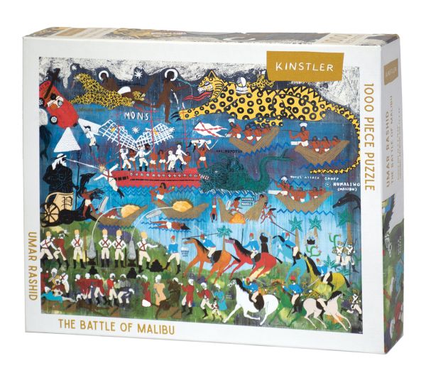 Box cover of Battle of Malibu (In Three Parts) 1795: Part One, See Battle. Little Red Corvette; 1000 Piece Puzzle; featuring a bold painting of a battle. Published by Kinstler.