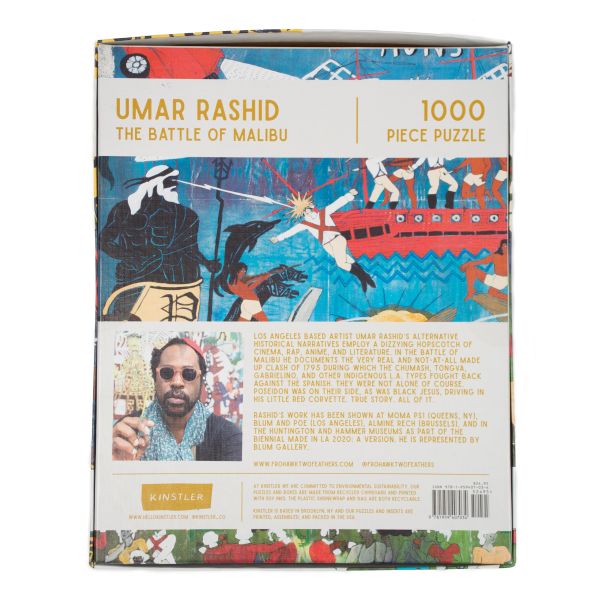 Box cover of Battle of Malibu (In Three Parts) 1795: Part One, See Battle. Little Red Corvette; 1000 Piece Puzzle; featuring a bold painting of a battle. Published by Kinstler.