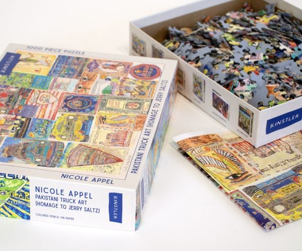 Puzzle box of Pakistani Truck Art (Homage to Jerry Saltz): 1000 piece puzzle. Published by Kinstler.
