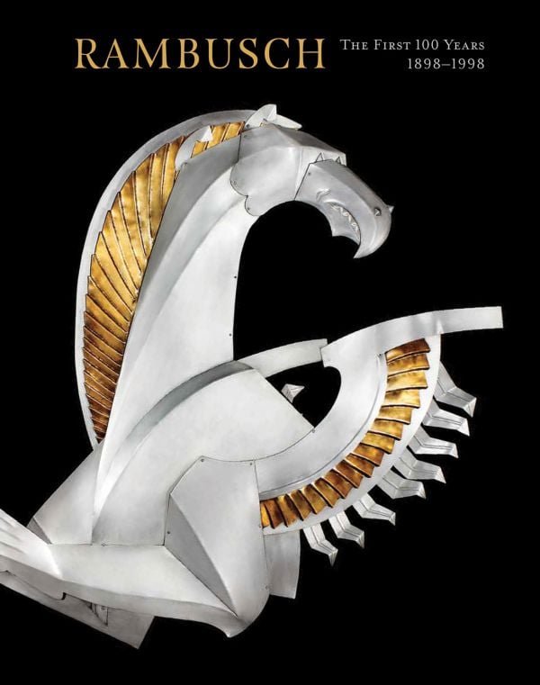 Book cover of Rambusch: The First 100 Years, 1898–1998, featuring Art Deco designer Hildreth Meière's metal-relief sculpture of the Dragon of Ignorance. Published by ORO Editions.