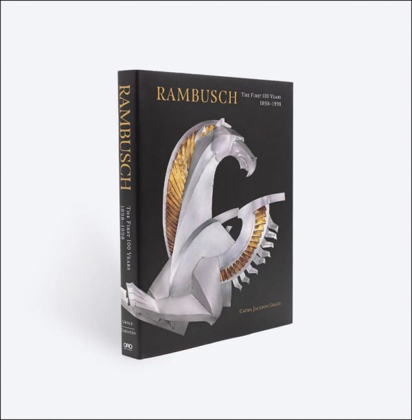 Book cover of Rambusch: The First 100 Years, 1898–1998, featuring Art Deco designer Hildreth Meière's metal-relief sculpture of the Dragon of Ignorance. Published by ORO Editions.