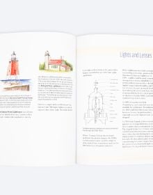 Book cover of Jim Lammers' Lighthouses of the Great Lakes: An Architect’s Sketchbook, with a sketch of a lighthouse. Published by ORO Editions.